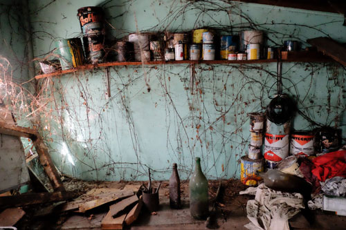 A photograph of old tins in a shed by Dale Mann